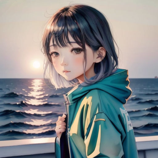 a girl with a blue coat on a boat near the ocean with the sun in the background and a boat in the water