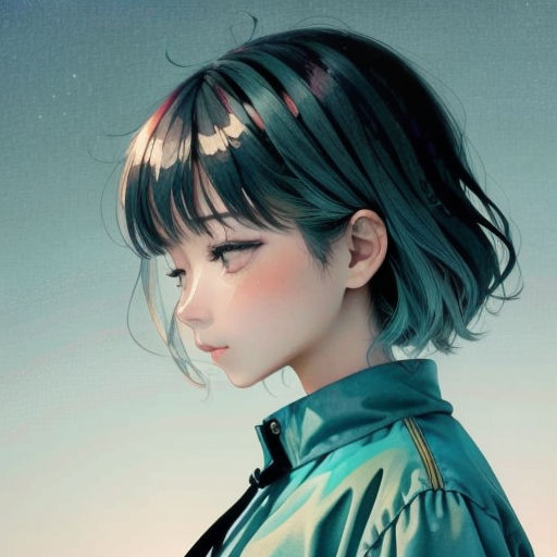 a girl with a green jacket and a black haircut with a star in the background and a blue sky