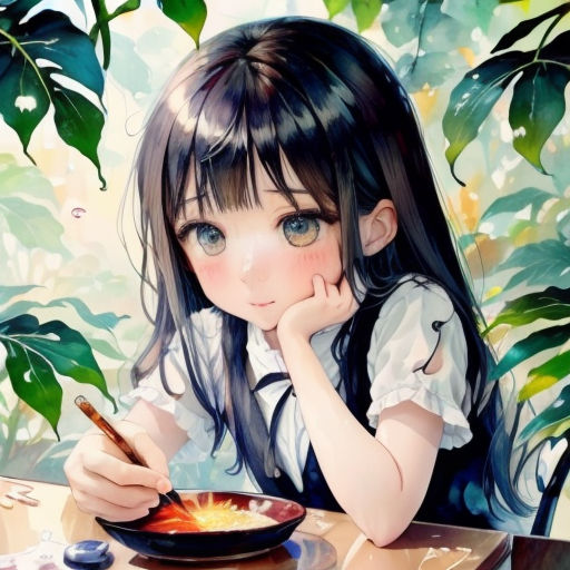 a girl sitting at a table with a plate of food in front of her and a pen in her hand
