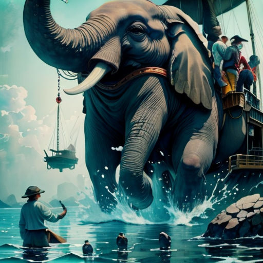 a painting of an elephant riding on top of a boat in the ocean with people watching it from the water