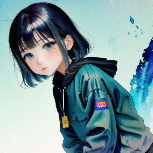 a girl with black hair and a green jacket is standing in front of a blue wave and has a blue background