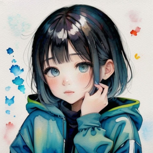 a painting of a girl with blue eyes and a blue jacket on holding a cell phone to her ear