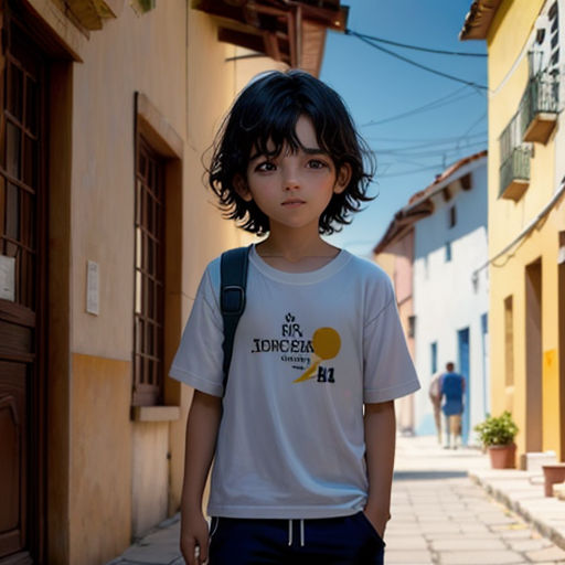 a young boy standing on a sidewalk in front of a building with a backpack on his shoulder and a backpack on his shoulder