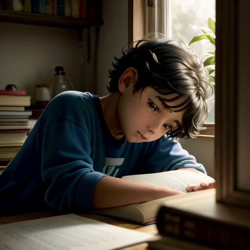a young boy is sitting at a desk reading a book and looking at the camera with a serious look on his face