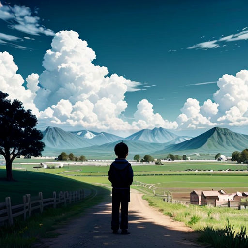 a person standing on a dirt road near a field and mountains with clouds in the sky above them and a fence