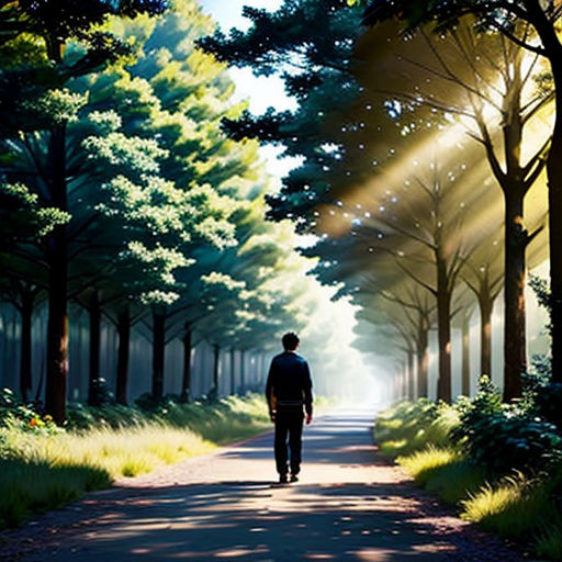 a man walking down a road surrounded by trees and grass with the sun shining through the trees on the side