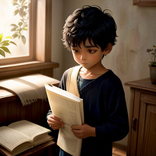 a young boy reading a book in a room with a window and a plant in the corner of the room