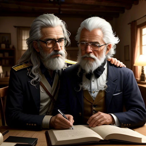two people sitting at a table with a book and pen in front of them, one of them is writing