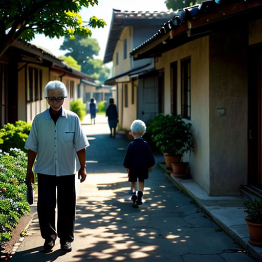 a man and a child walking down a sidewalk next to houses and trees with a person walking down the sidewalk