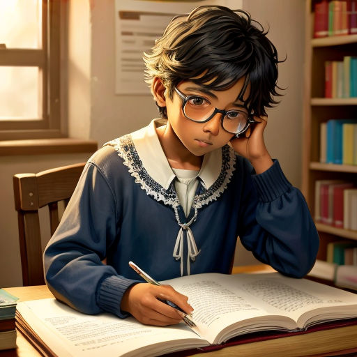 a young boy sitting at a desk with a book and pen in his hand and a book in front of him