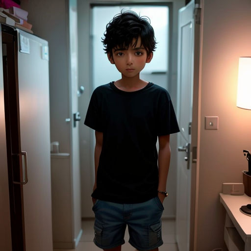 a young boy standing in a hallway next to a refrigerator and a light on a wall above him and a lamp on the wall
