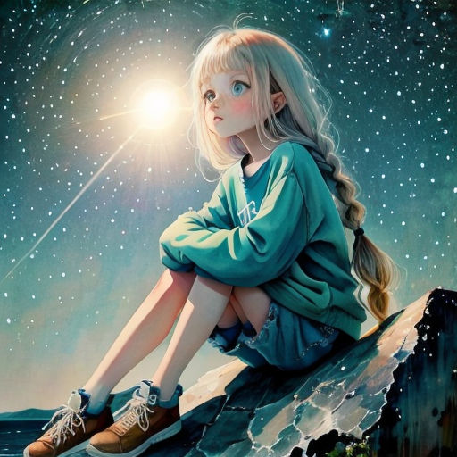 a painting of a girl sitting on a rock looking at the stars above her head and a bright light shining in the sky