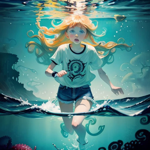 a painting of a girl in a white shirt under water with a fish in her hand and a ship in the background