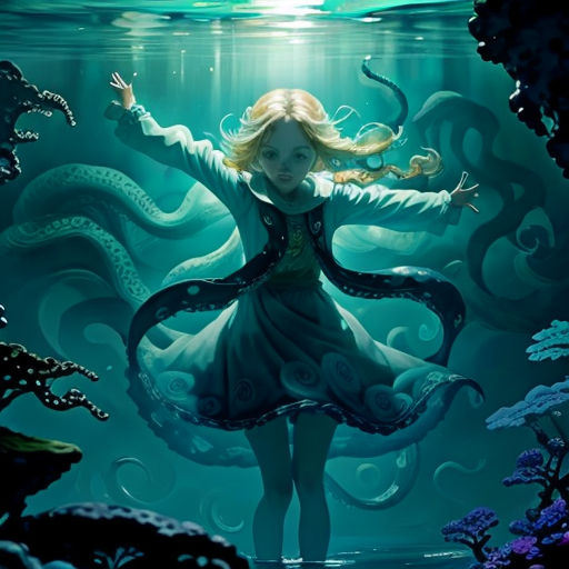 a girl in a dress standing under water with an octopus in her hand and a fish in her hand
