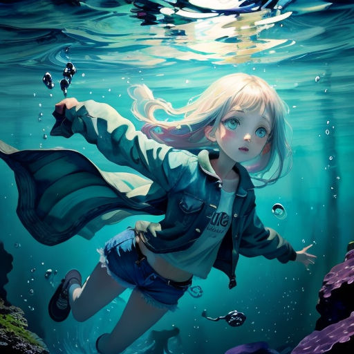 a girl is swimming under the water in a blue ocean with bubbles and bubbles around her, and a fish is swimming nearby