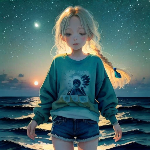 a girl standing on the beach with a star in the sky above her head and a body of water in the background
