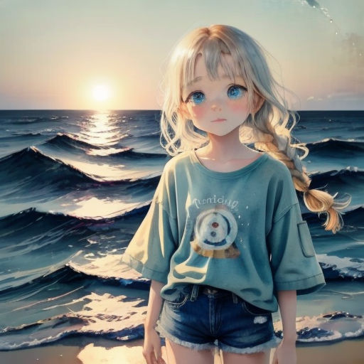 a doll is standing on the beach with a bird flying over her head and a bird flying over her head