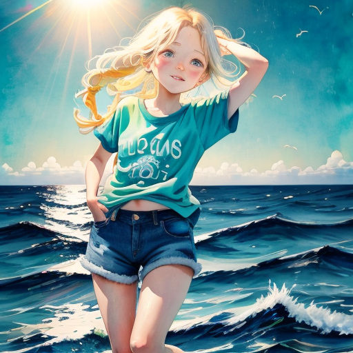 a painting of a girl standing on a beach with her hair blowing in the wind and the sun shining over the ocean