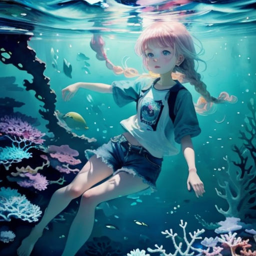 a girl is swimming in the water with a fish in her hand and a fish in her hand, and corals and other corals