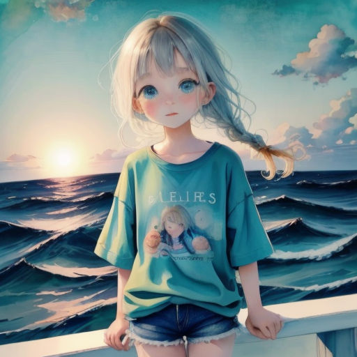 a painting of a girl standing on a boat deck with a painting of a girl on the wall behind her
