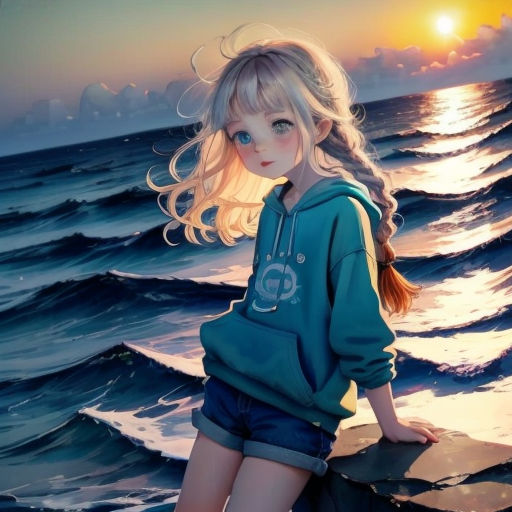 a girl standing on a rock near the ocean at sunset with a hoodie on her head and a wave in the background