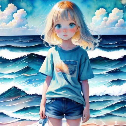 a painting of a girl standing on the beach with a dog in her hand and a painting of the ocean behind her