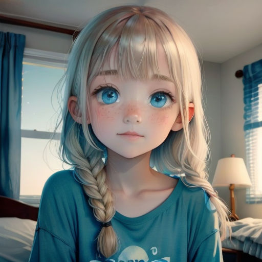 a girl with blonde hair and blue eyes is looking at the camera with a sad look on her face