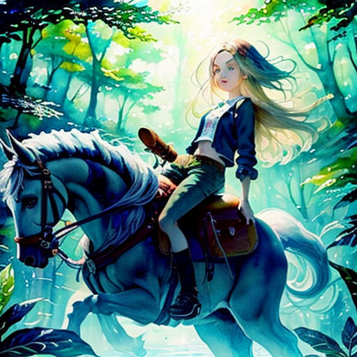 a girl riding a horse through a forest filled with trees and flowers, with a sun shining through the trees