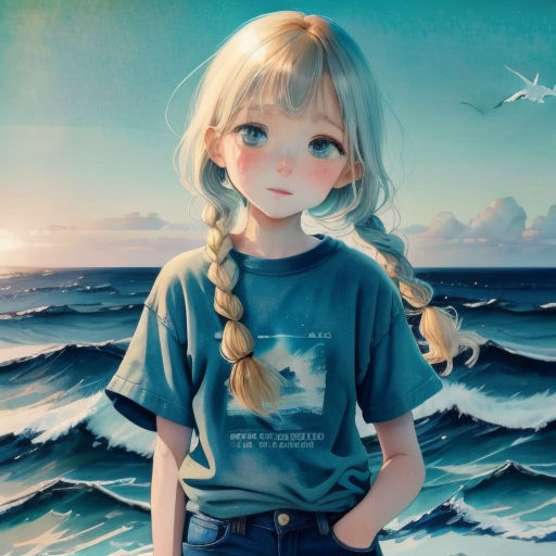 a painting of a girl standing on a beach with a bird flying over her head and a wave crashing in the background