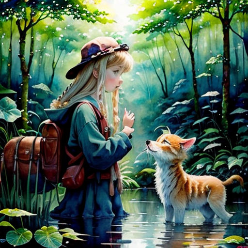 a painting of a girl and a dog in a forest with a stream of water and trees, with a forest background