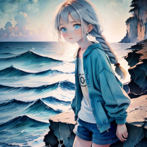a painting of a girl standing on a cliff by the ocean with a blue sky and clouds behind her