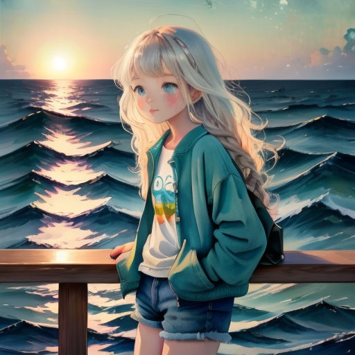 a painting of a girl standing on a railing looking at the ocean with a bird flying over her head
