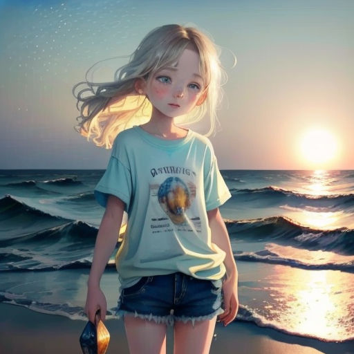 a girl standing on a beach next to the ocean at sunset with a purse in her hand and a sun in the background