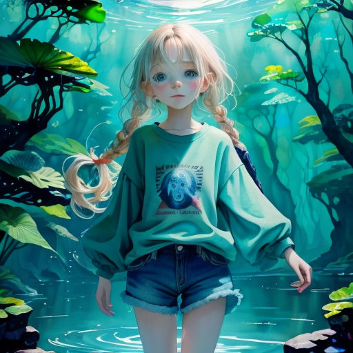 a girl in a green shirt standing in a pond of water with a fish in her hand and a fish in her mouth