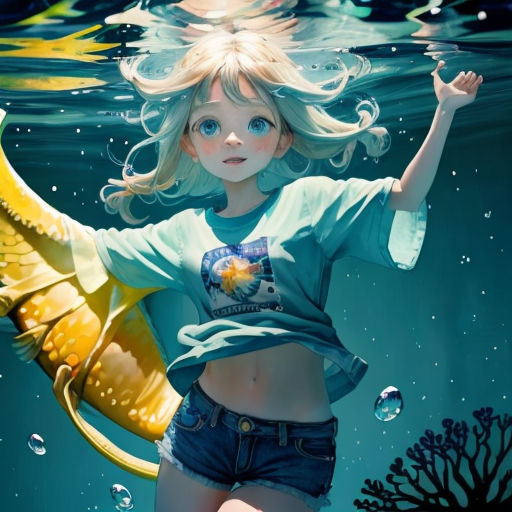 a girl in a blue shirt and shorts under water with a fish in her hand and a fish in her hand