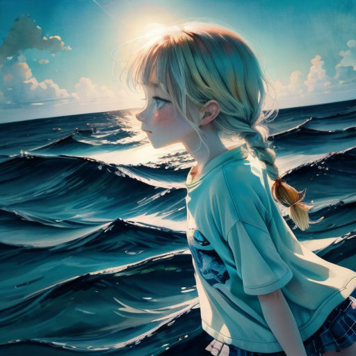a painting of a girl standing in front of a large body of water with a bird in her hair