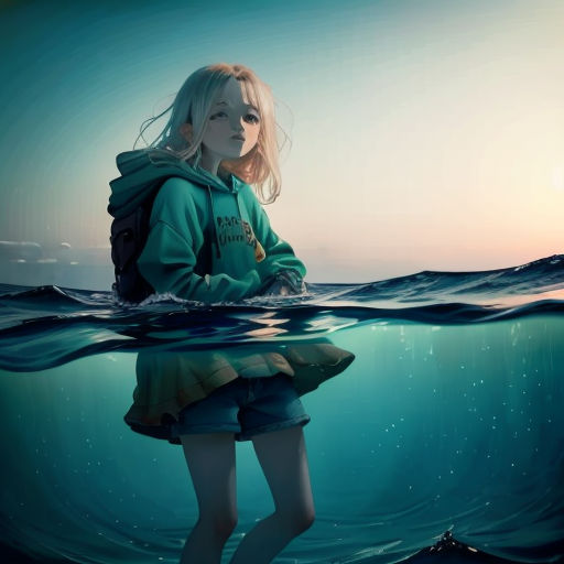 a girl standing in the water with her back to the camera and looking at the camera, with a backpack on her back