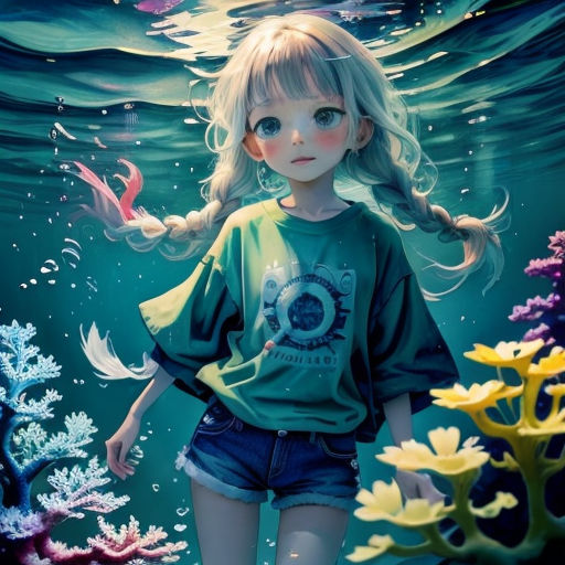 a girl standing under water with a fish in her hand and a fish in her hand, and a fish in her hand