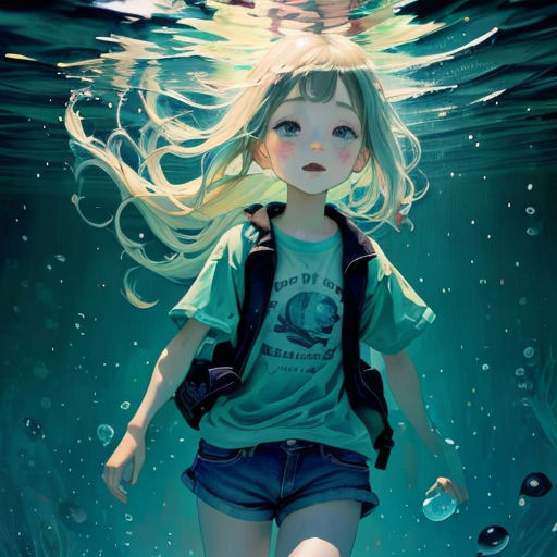 a girl with long hair is walking under water with bubbles and bubbles on her face and a backpack on her back