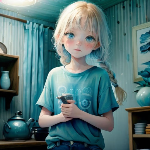 a girl with blonde hair holding a cell phone in a room with blue walls and a shelf with teapots