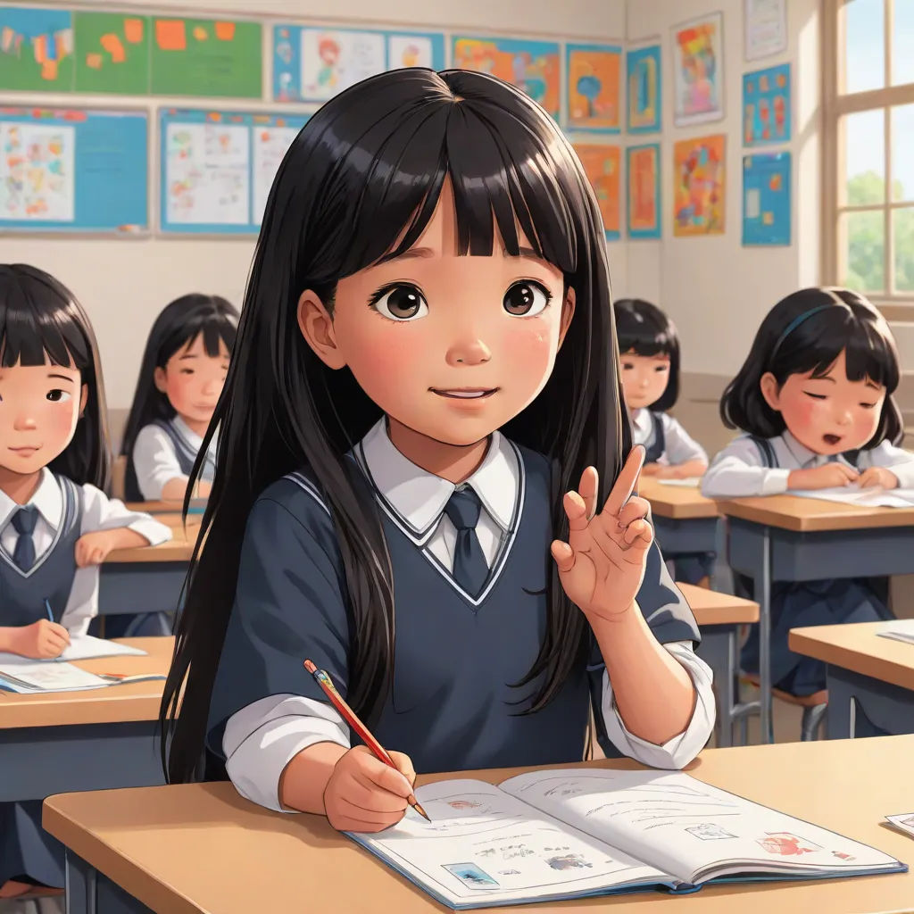 a girl in a classroom with her hand up to her face and other children behind her, all sitting at desks, american scene painting, a comic book panel, Chizuko Yoshida, official art