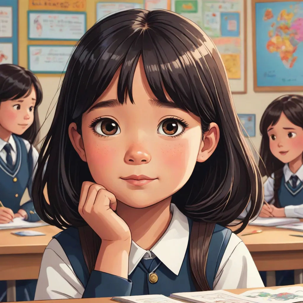 a girl sitting at a desk in a classroom with other girls behind her looking at the camera and smiling, paris school, a comic book panel, Chen Lin, cgstudio