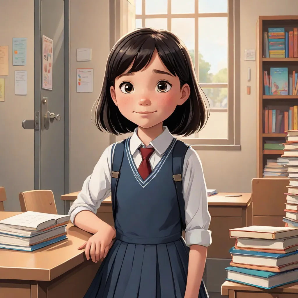 a girl in a school uniform standing in front of a desk with books on it and a window behind her, photorealism, a character portrait, Chizuko Yoshida, official art