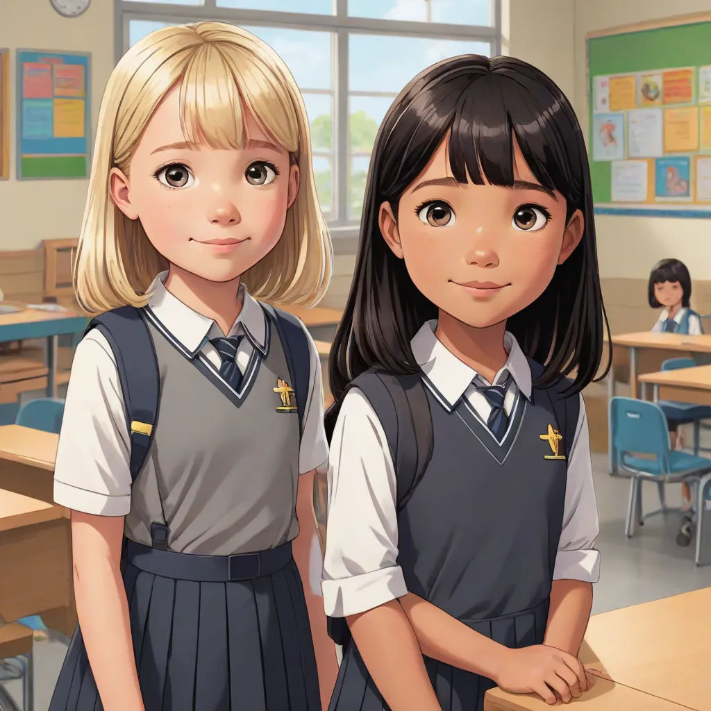 two young girls standing next to each other in a classroom with desks and chairs in front of them, remodernism, a detailed painting, Chizuko Yoshida, official art