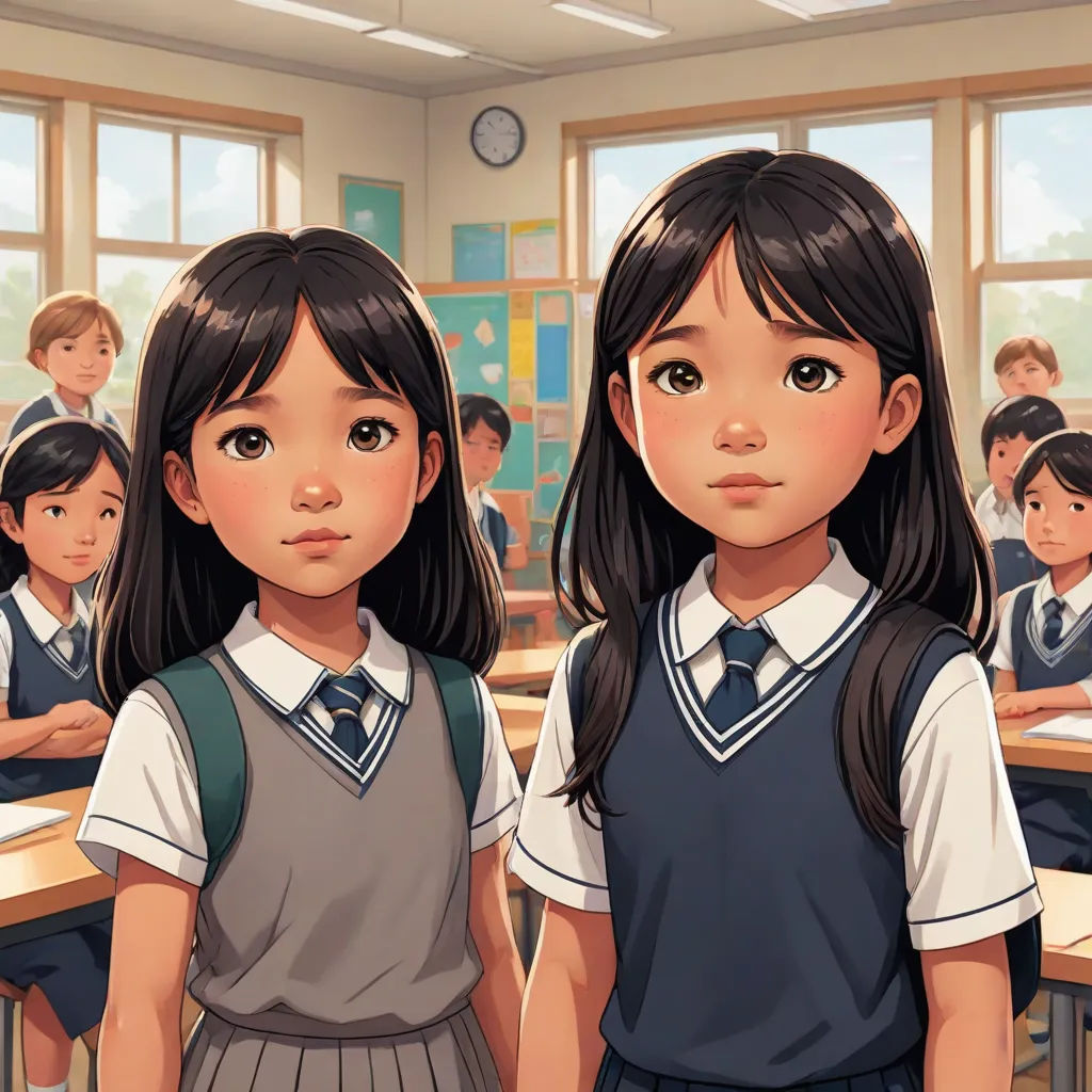 two young girls standing in front of a classroom full of students in uniforms and desks with their backs turned, serial art, a detailed painting, Ai-Mitsu, official art