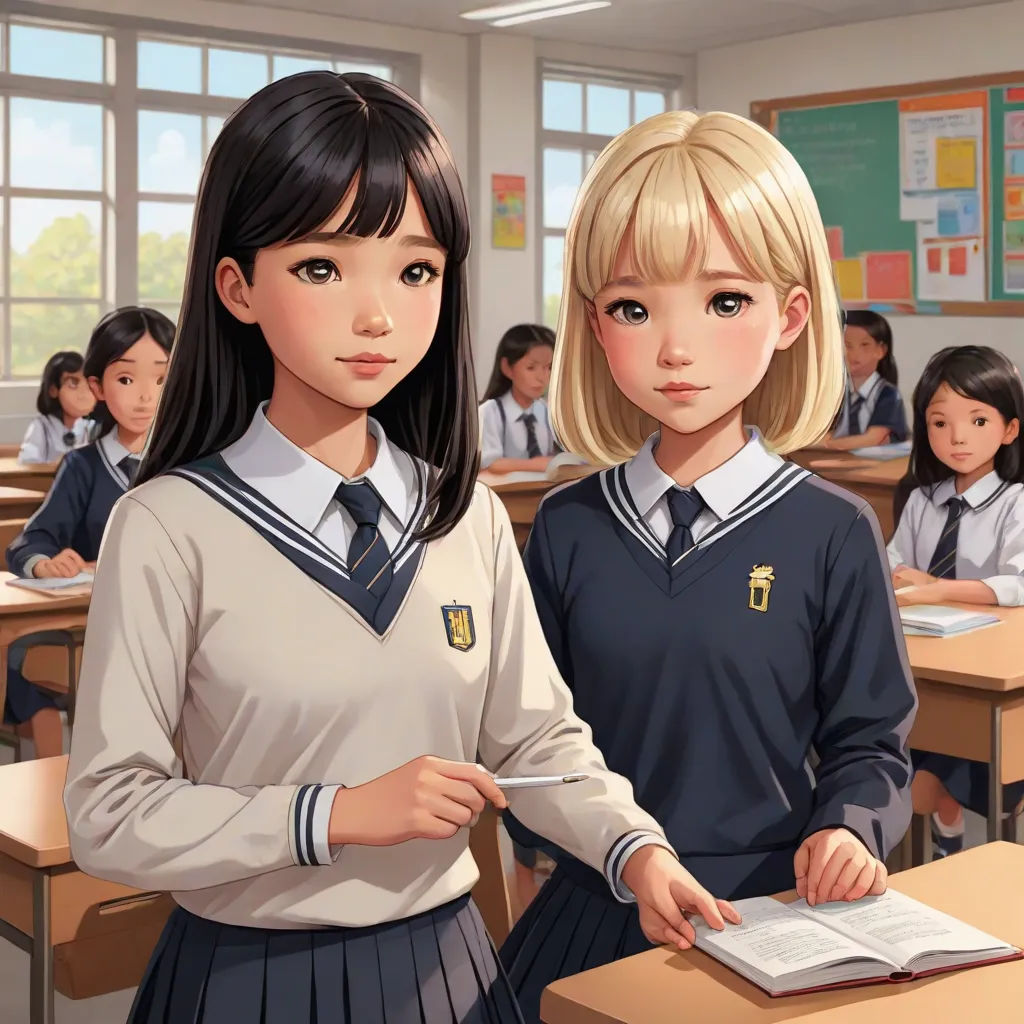 a painting of two girls in a classroom with a book in front of them and a book in front of them, remodernism, computer graphics, Ai-Mitsu, official art
