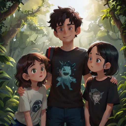 a couple of kids standing next to each other in a forest with a dog on their chest and a man on his shoulder