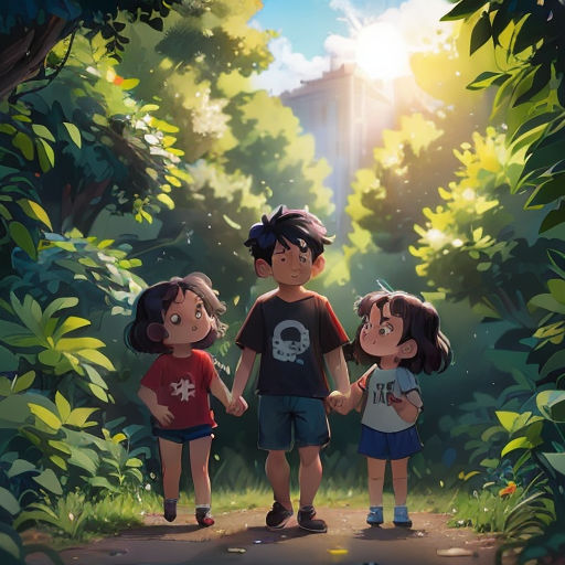 three children holding hands while standing in the woods with a building in the background and sunlight shining through the trees