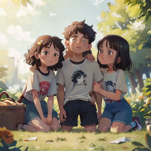 three children sitting on the ground in front of a suitcase and trees with leaves on it, looking at the camera