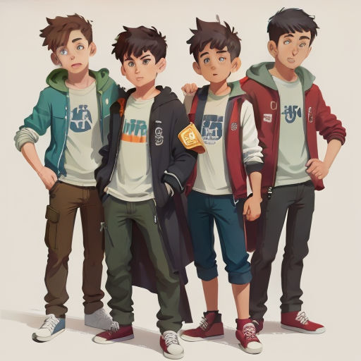 three boys standing next to each other in front of a white background with a white background and a red and green background